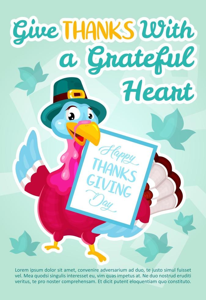 Give thanks with grateful heart poster vector template. Thanksgiving day turkey. Brochure, cover, booklet page concept design with flat illustrations. Advertising flyer, leaflet, banner layout idea