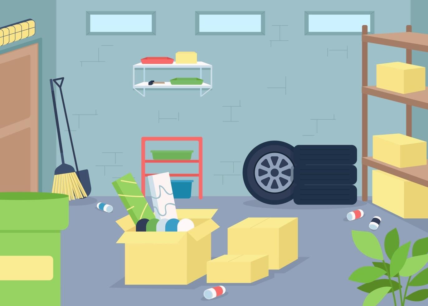 Garage junk flat color vector illustration