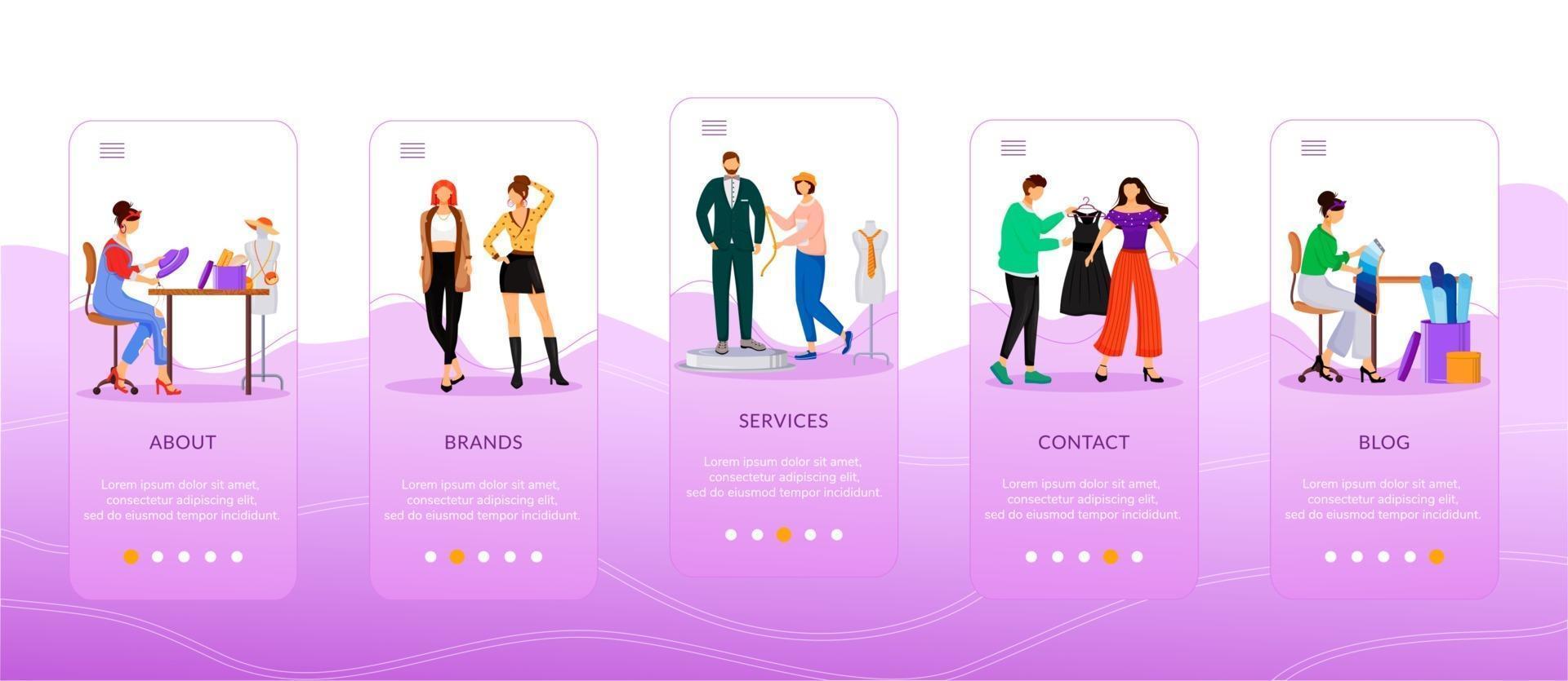 Los diseñadores trabajan incorporando una plantilla de vector plano de pantalla de aplicación móvil. servicios de moda, blogs, marcas. paso a paso del sitio web con personajes. ux, ui, interfaz gráfica de usuario de dibujos animados para teléfonos inteligentes, conjunto de impresiones de casos