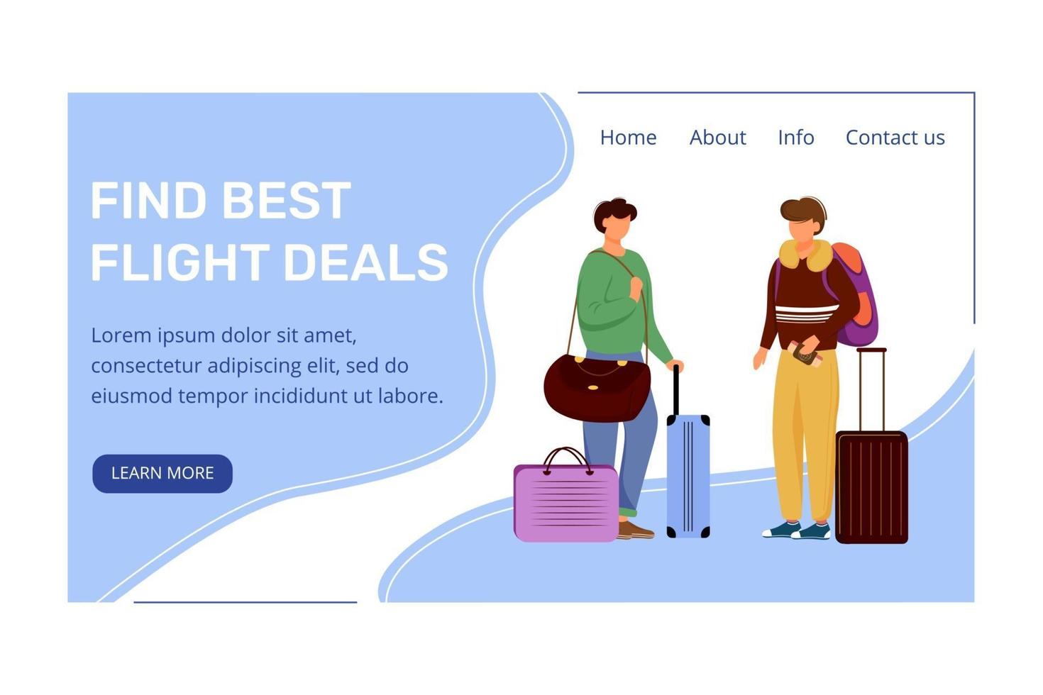 Find best deals landing page vector template. Best travel deals website interface idea with flat illustrations. Cheap international travel homepage layout. Low cost flights webpage cartoon concept