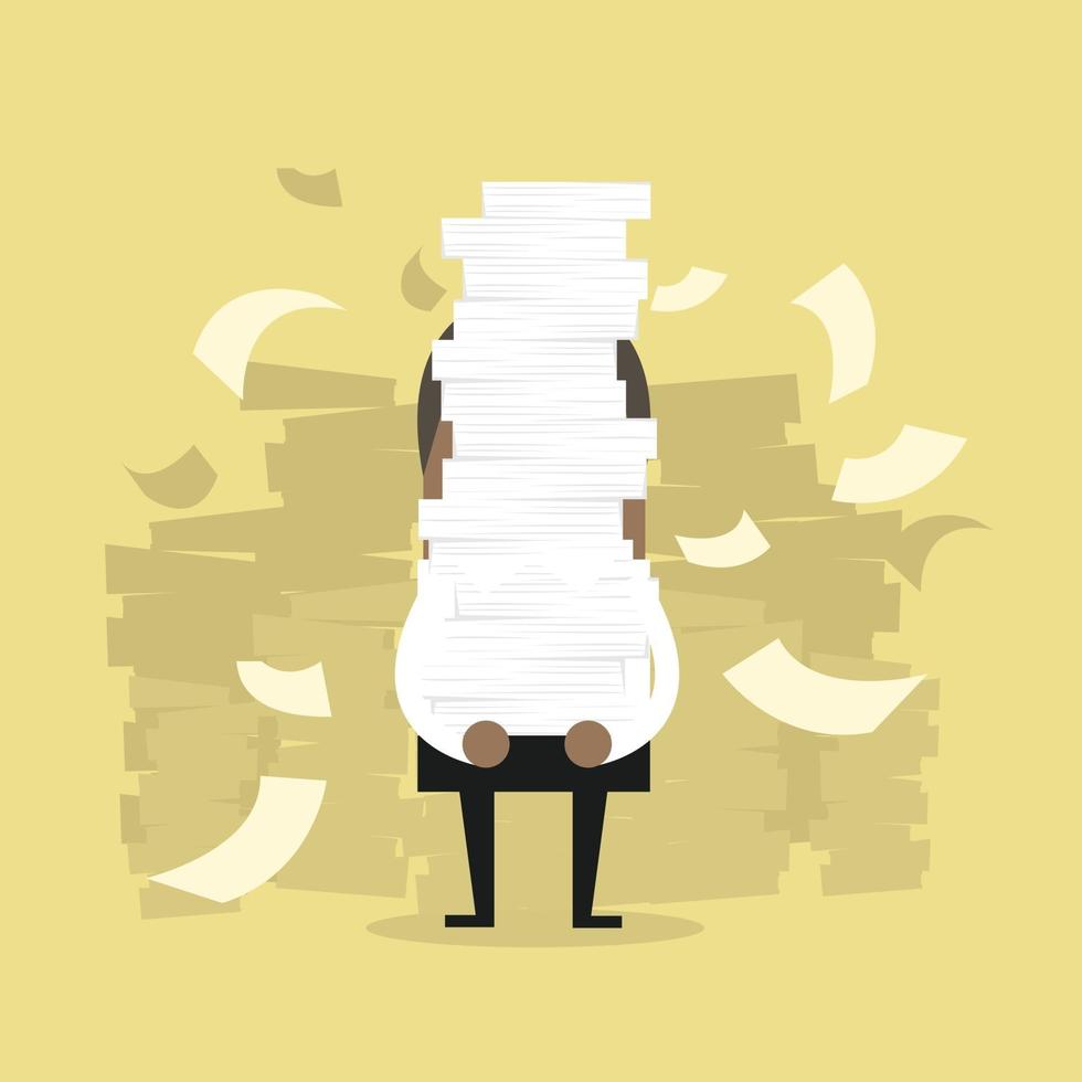 African businessman holding a lot of documents in his hands. vector