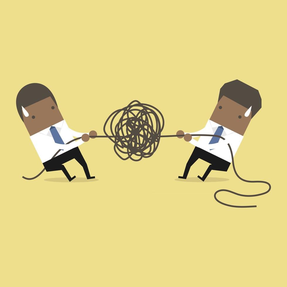 African businessman trying to unravel tangled rope or cable. vector