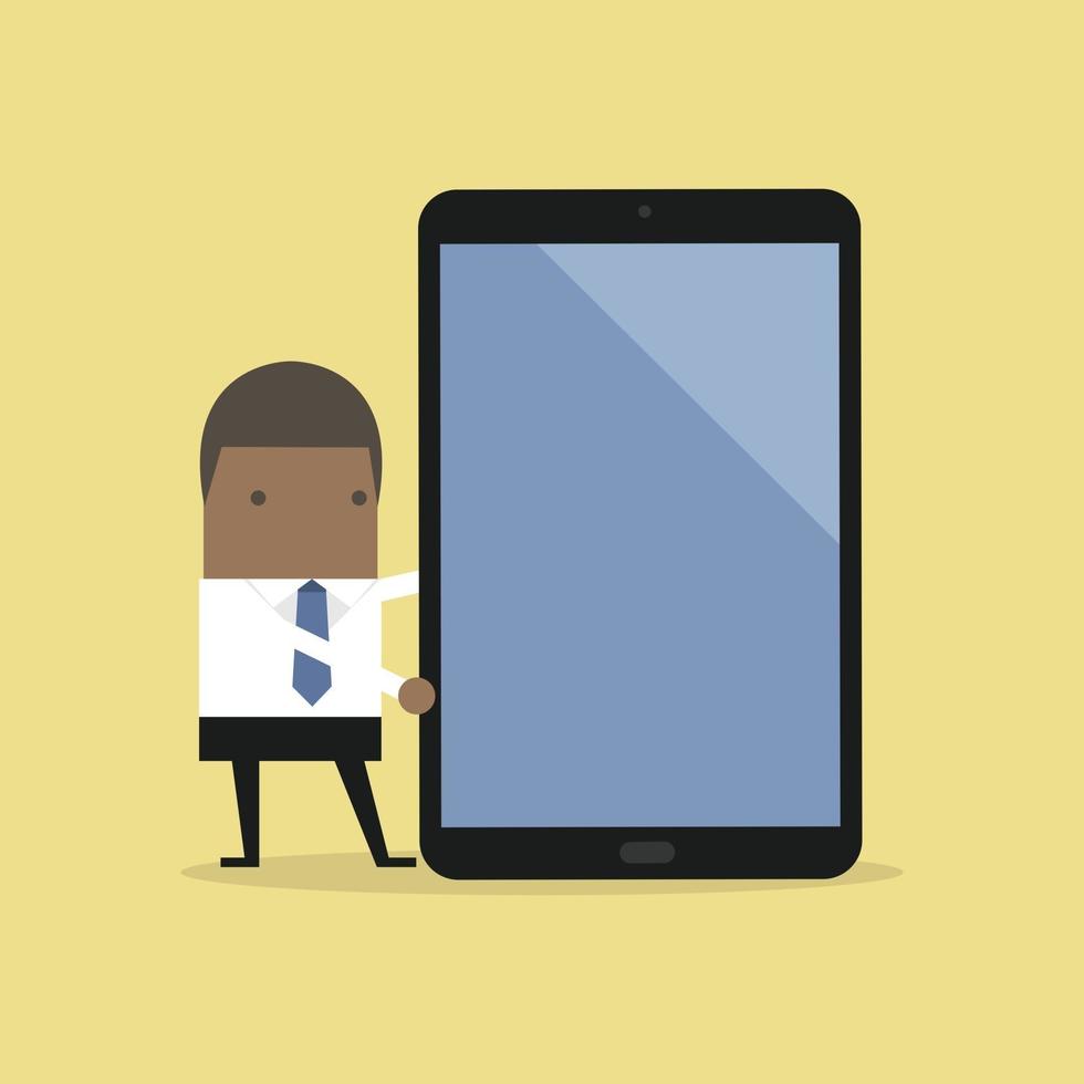 African businessman making a presentation on a large tablet or smartphone. vector