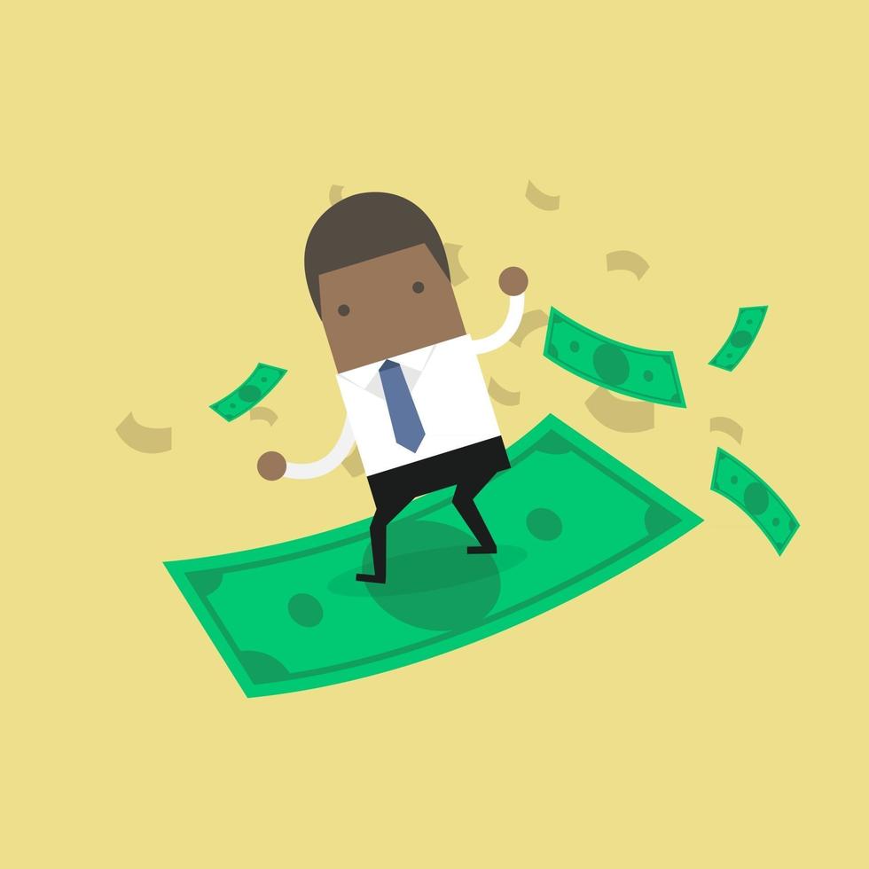 African businessman riding surfing flying money. vector