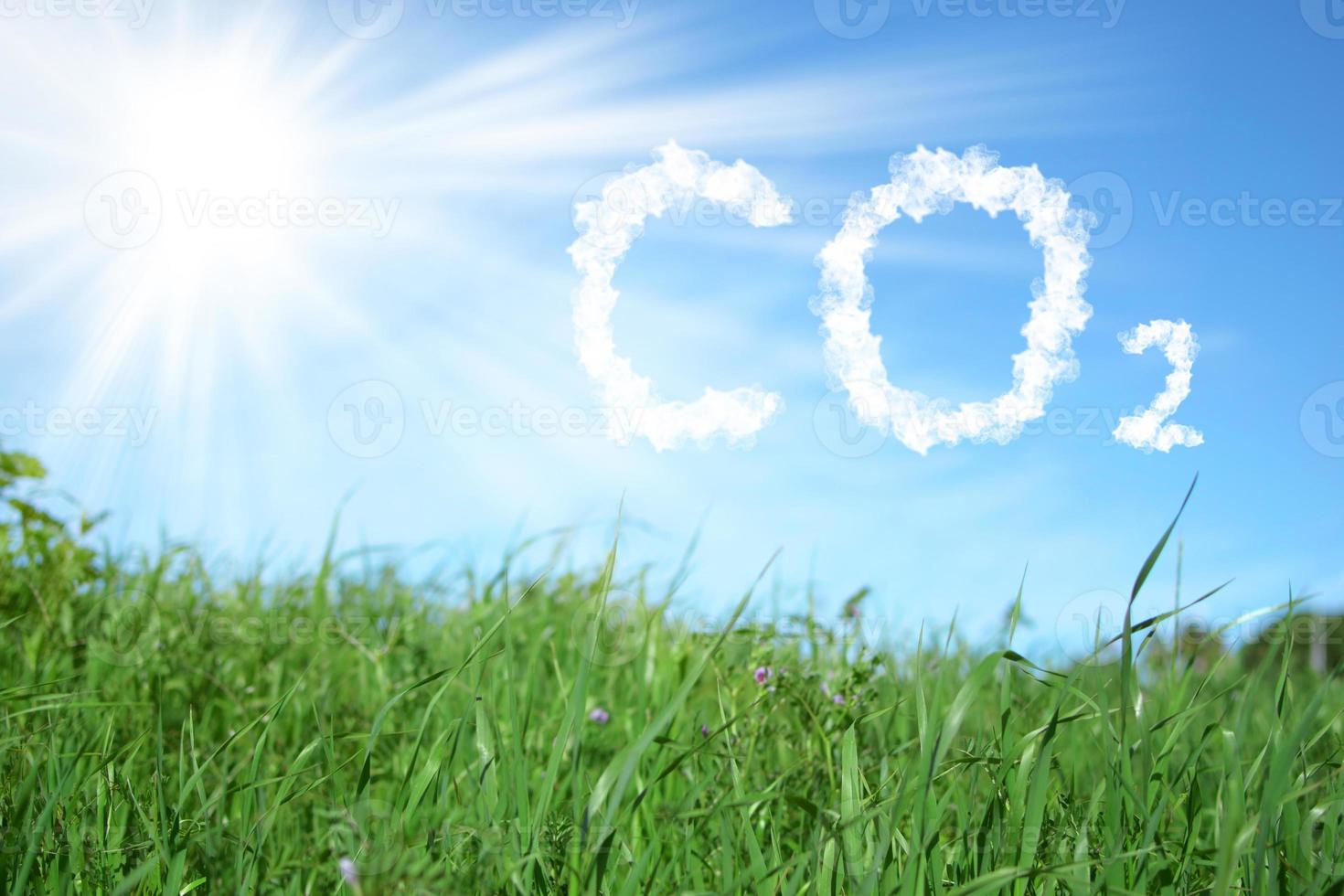 Green lawn with the sun in the blue sky and the word co2 photo