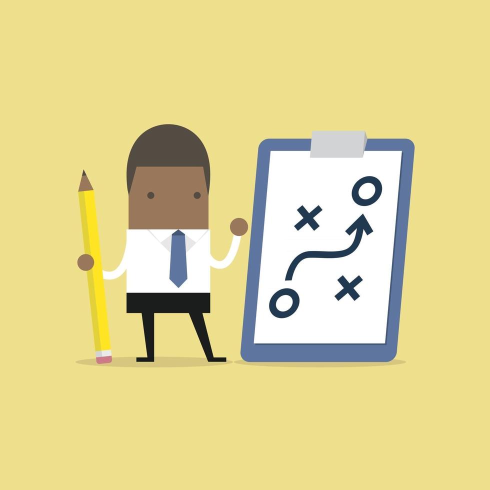 African businessman holding pencil and paper of planning strategy concept. Business tactic. Clipboard pencil. vector