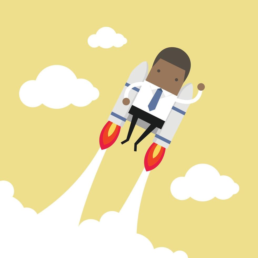 African businessman flying with jetpack. vector