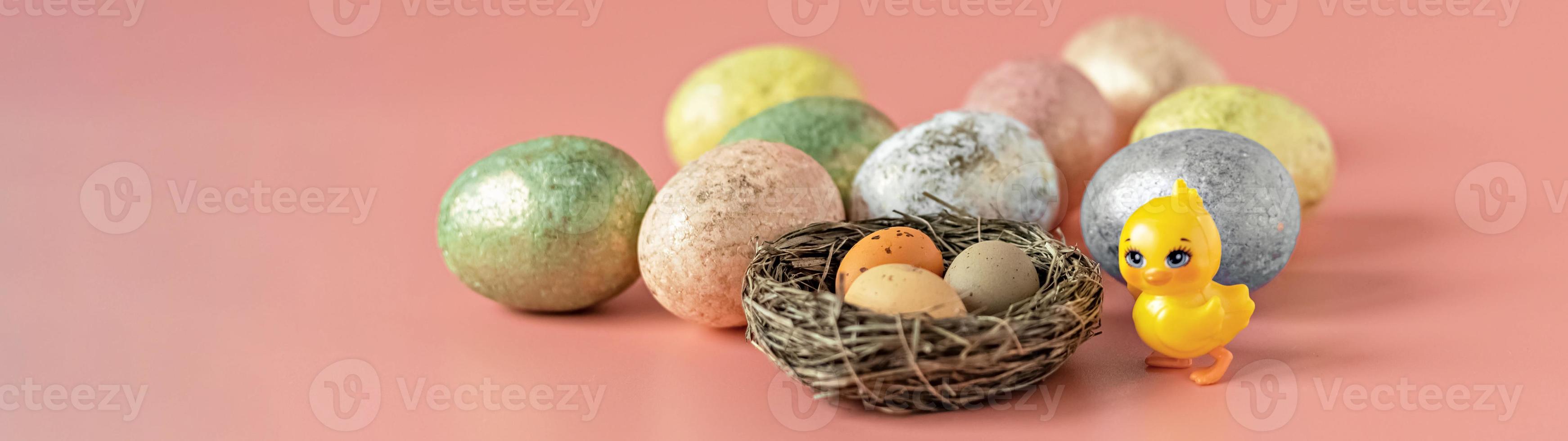 Easter eggs in a natural nest with bird eggs photo