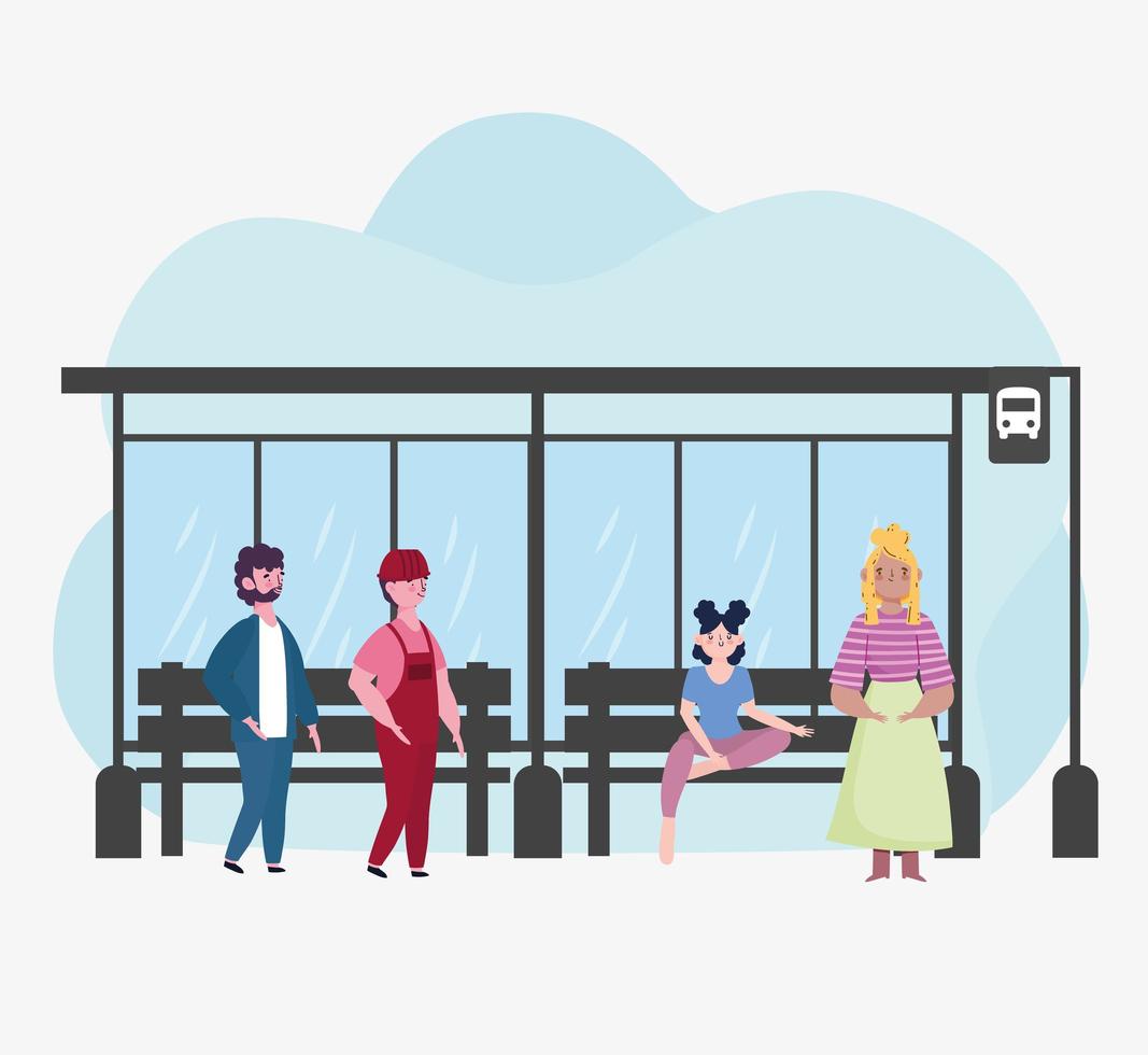 people waiting stop bus vector