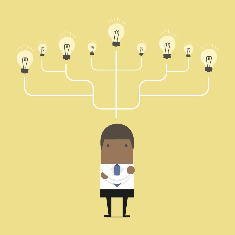 African businessman with many idea bulbs vector