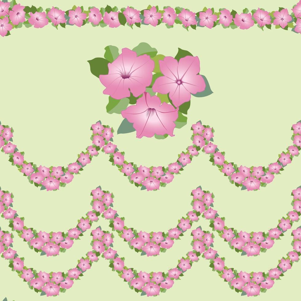 Flower garland seamless pattern.  Floral bouquet border frame. Flourish greeting card design. Blooming meagow white flowers isolated on light green summer background vector