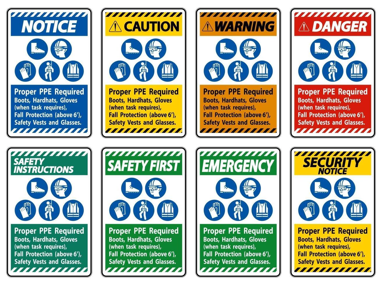 Proper PPE Required Boots, Hardhats, Gloves When Task Requires Fall Protection With PPE Symbols vector