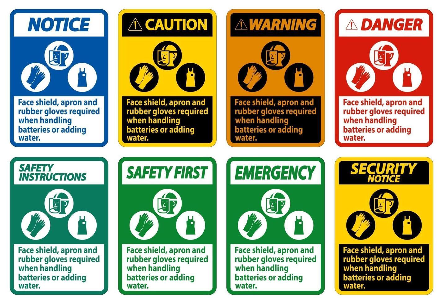 Face Shield, Apron And Rubber Gloves Required When Handling Batteries or Adding Water With PPE Symbols vector