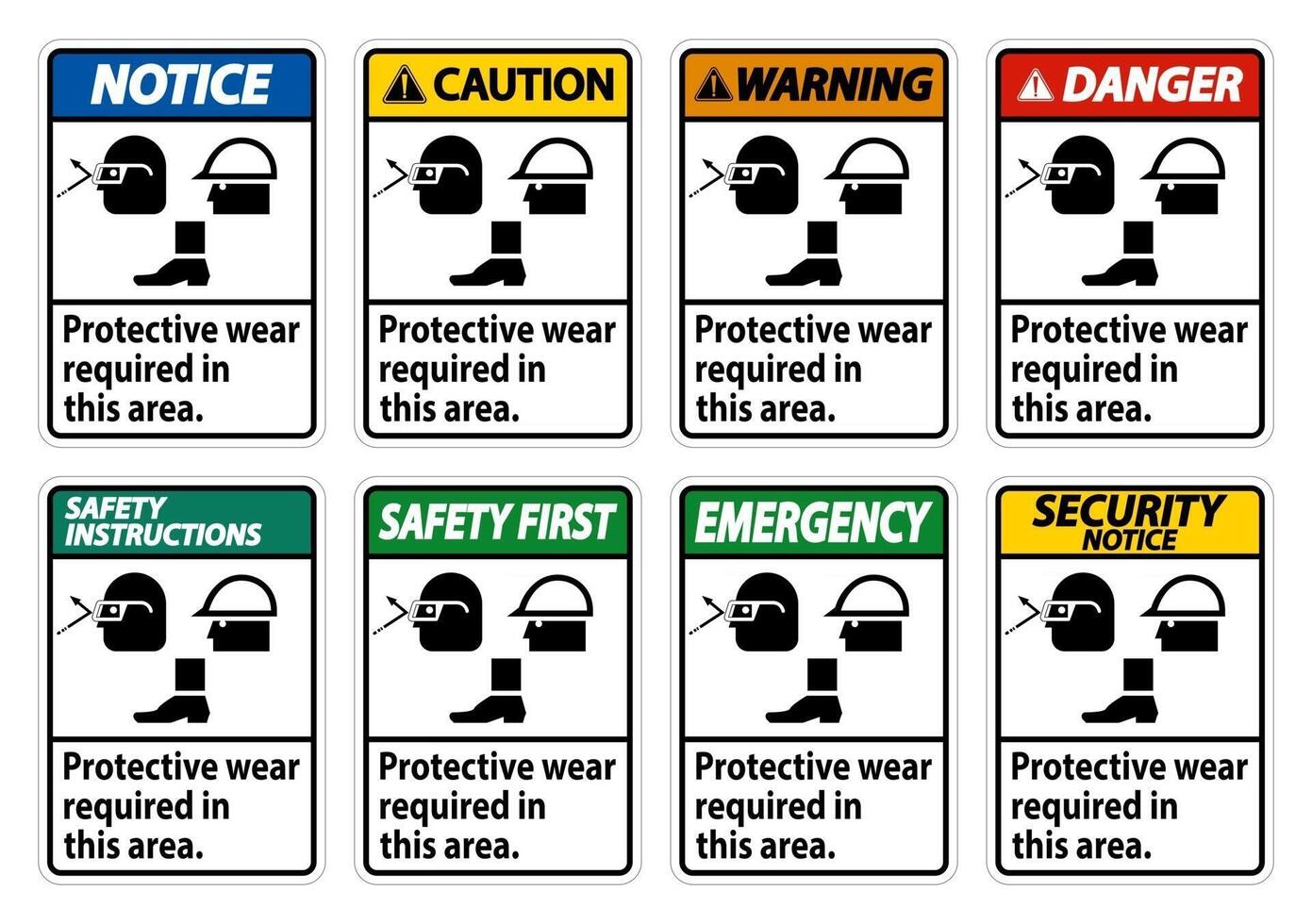 Protective Wear Is Required In This Area.With Goggles, Hard Hat, And Boots Symbols on white background vector