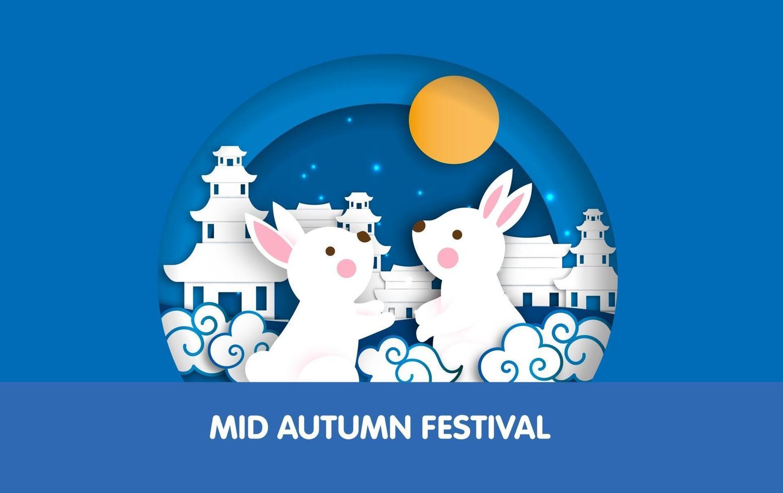 Mid Autumn Festival banner with cute rabbits in paper cut style. vector