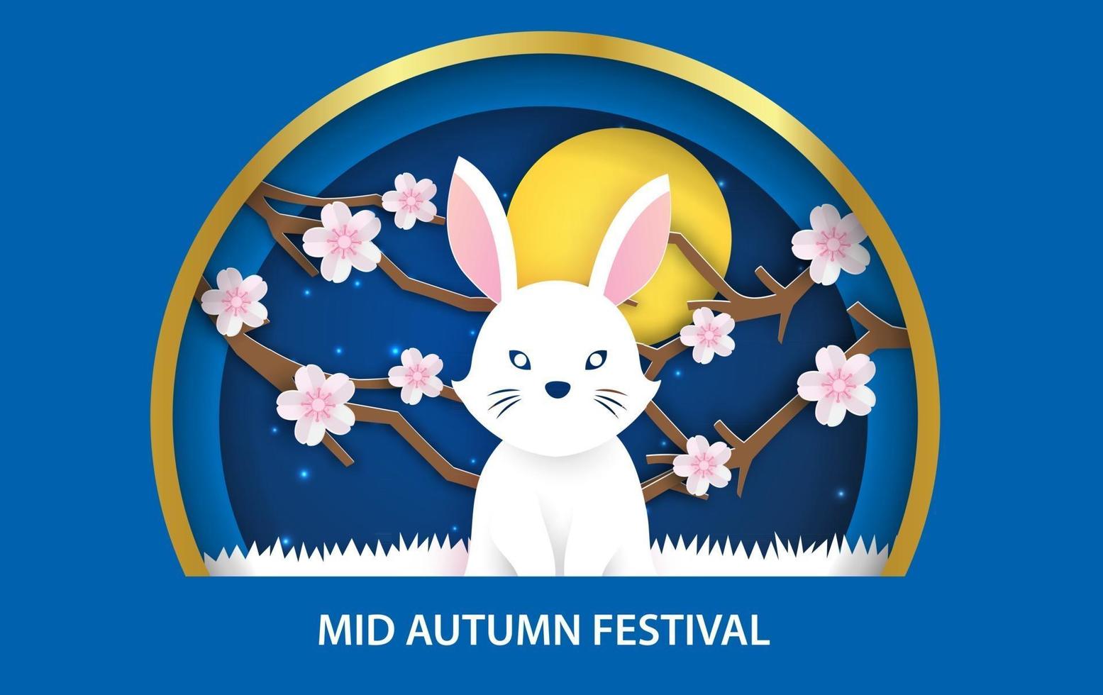 Mid Autumn Festival banner with cute rabbits in paper cut style. vector