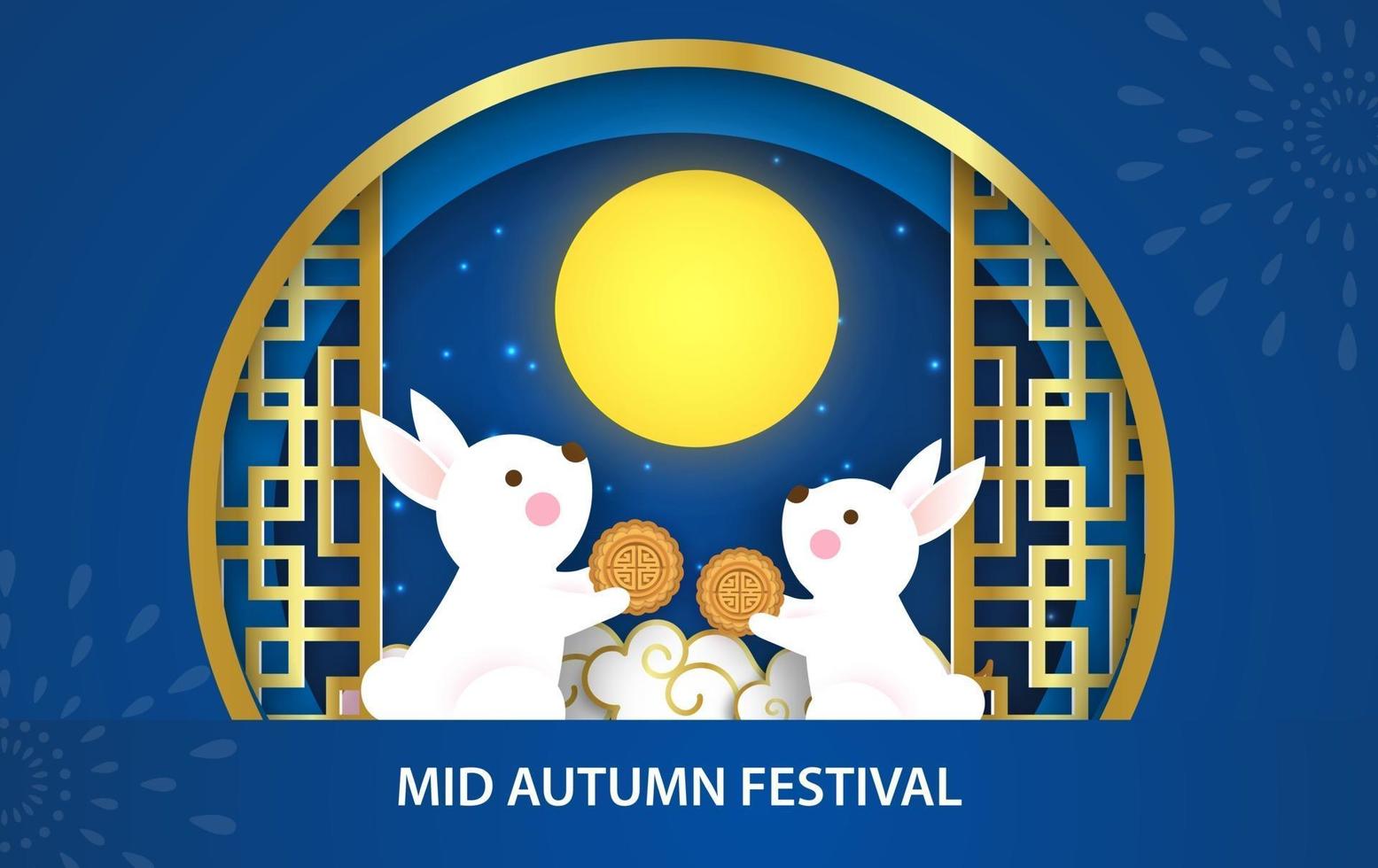 pancarta del festival del medio otoño con lindos conejos en estilo de corte de papel. vector