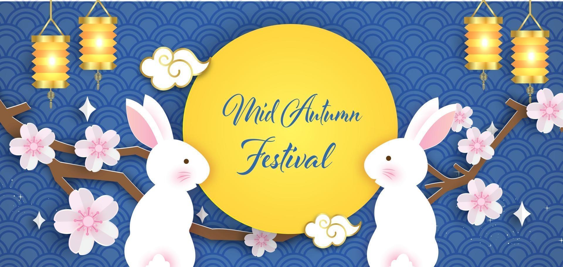 Mid Autumn Festival banner with cute rabbits in paper cut style. vector