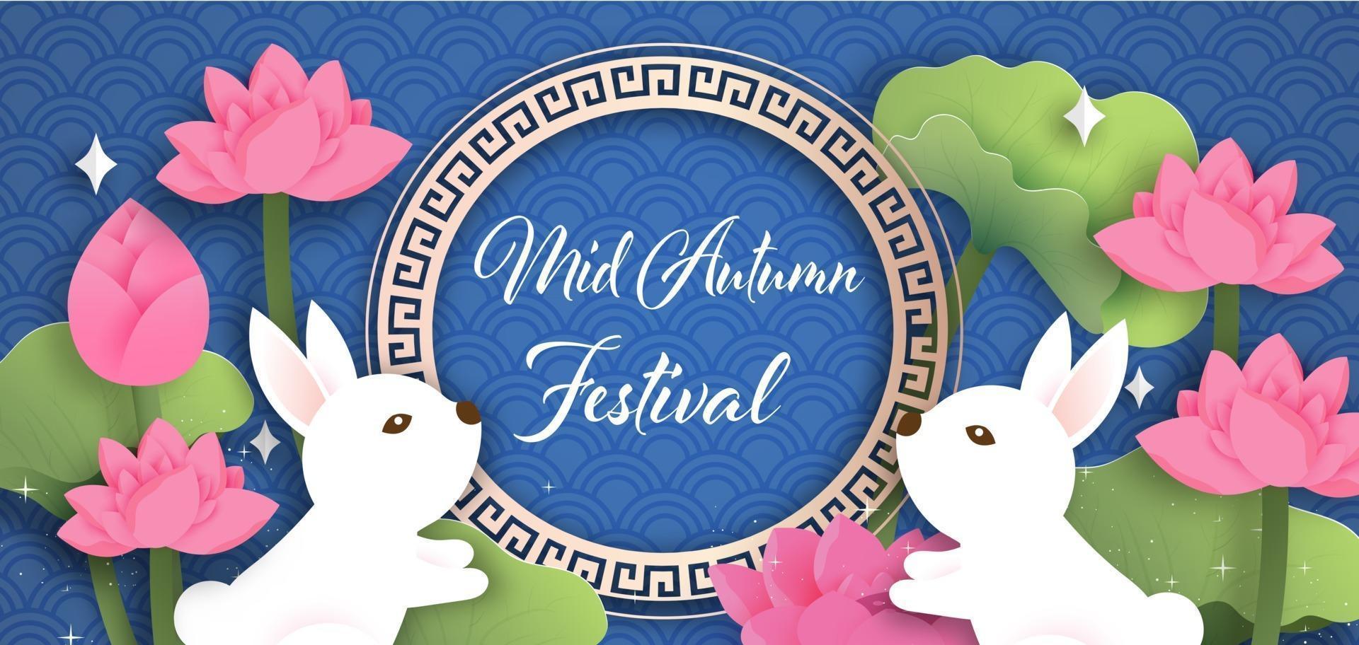 Mid Autumn Festival banner with cute rabbits in paper cut style. vector