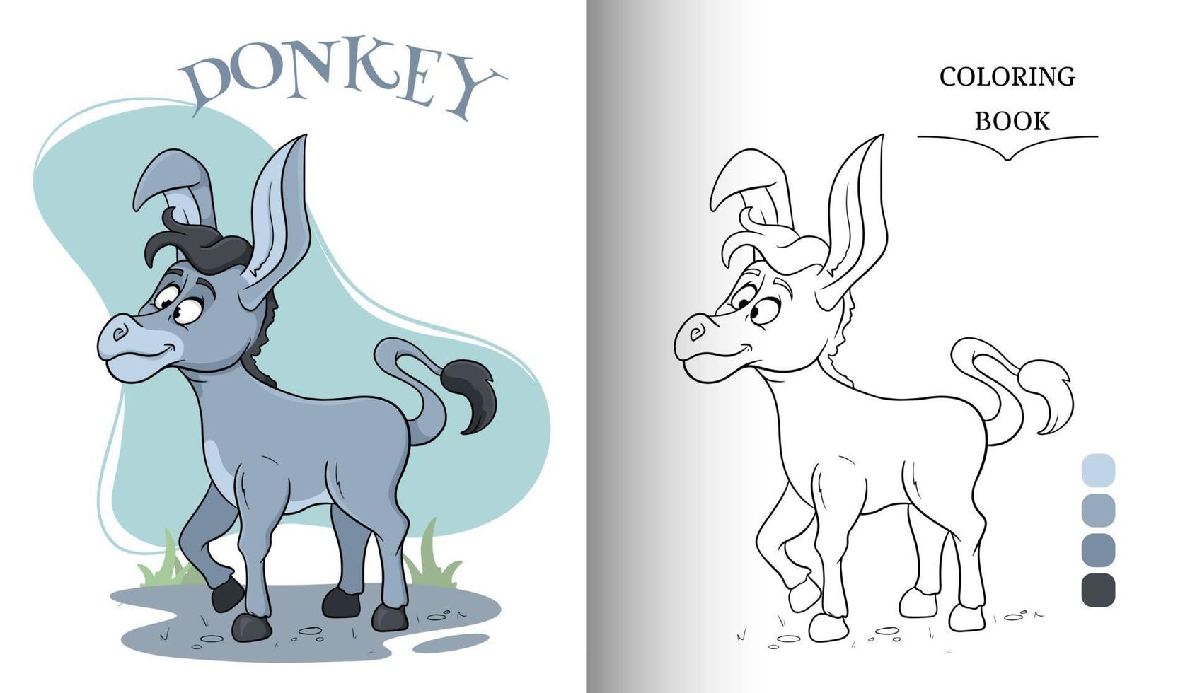 Animal character funny donkey in cartoon style coloring book page vector