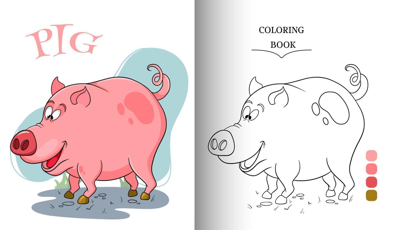 Animal character funny pig in cartoon style coloring book page vector