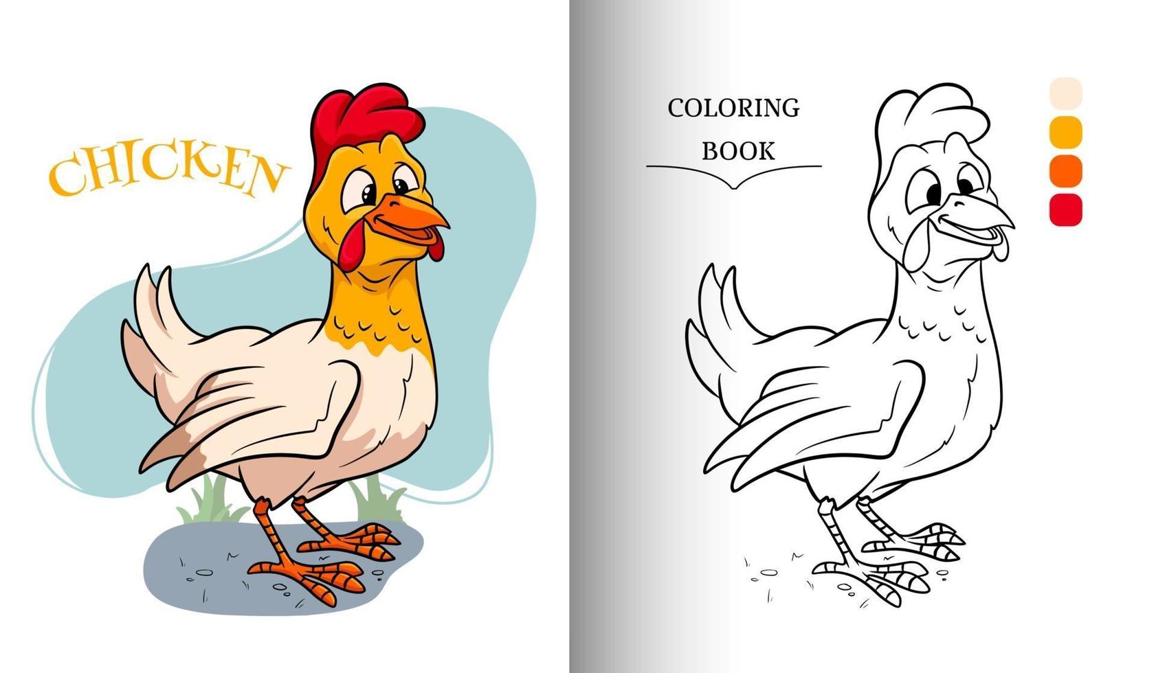 Animal character funny chicken in cartoon style coloring book page vector