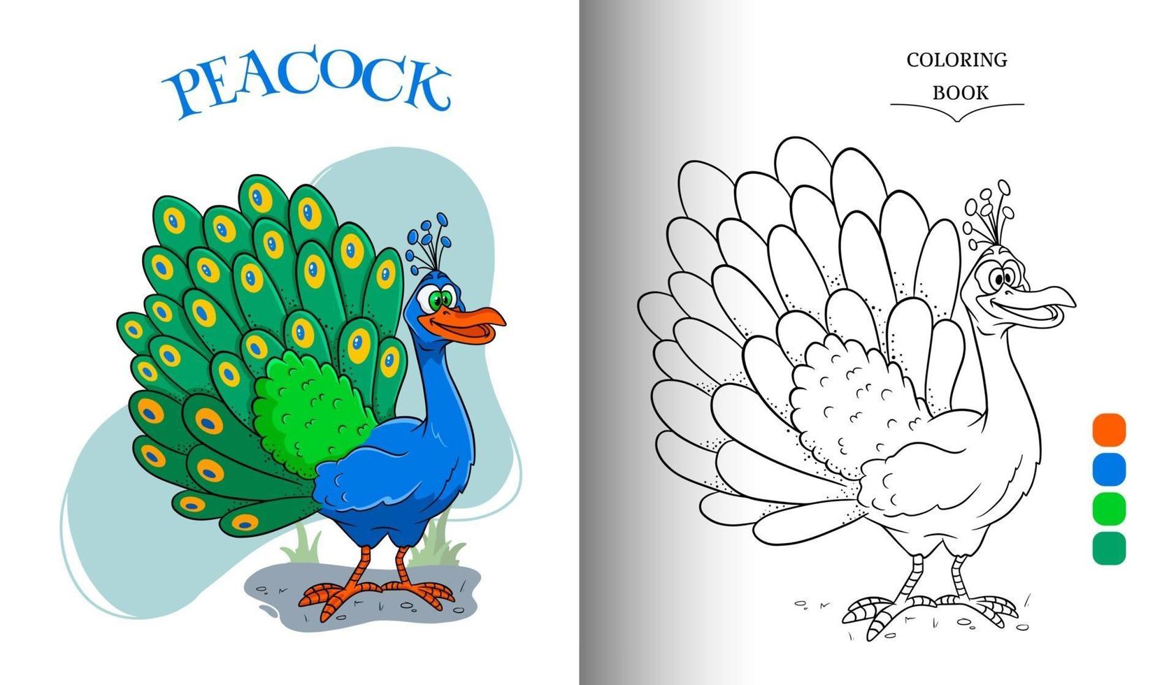 Carácter animal divertido pavo real en estilo de dibujos animados página de  libro para colorear 2759052 Vector en Vecteezy