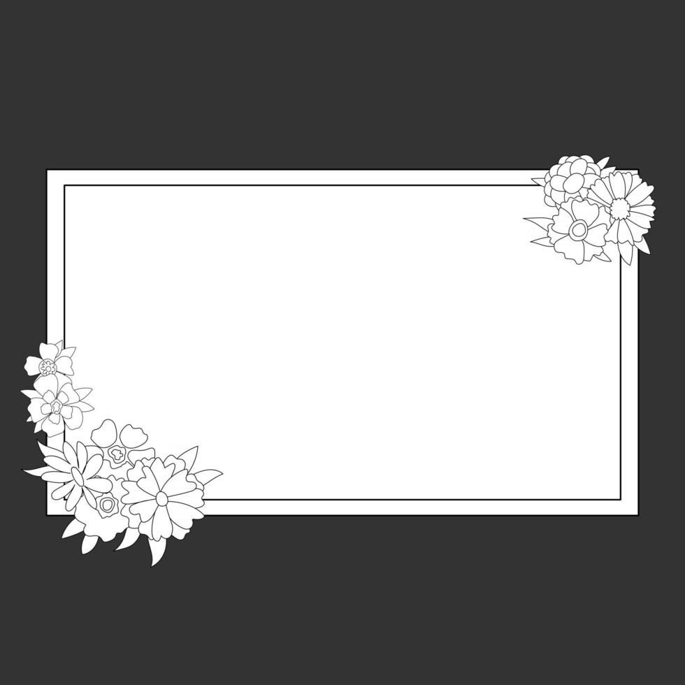 Cute black and white rectangle frame with flowers For a wedding invitation happy birthday Line vector illustration of doodles