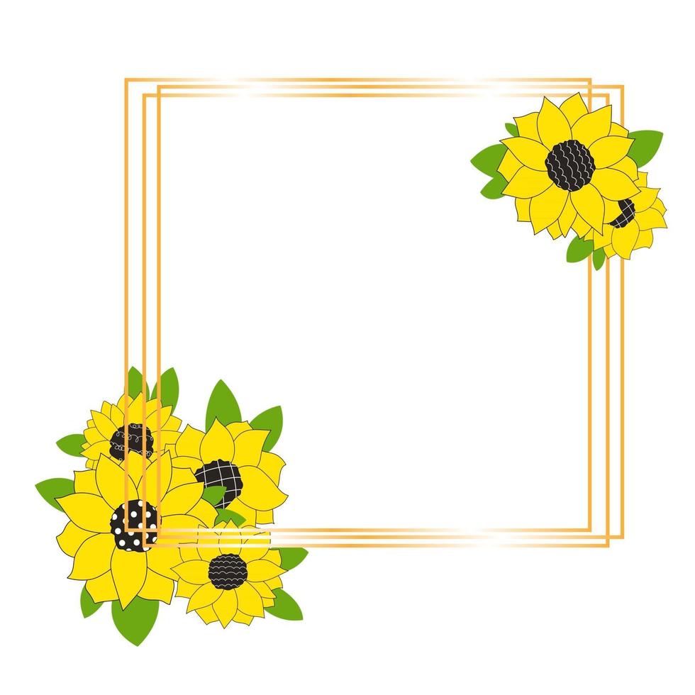 Cute gold isolated square frame with sunflowers Flowers for a wedding invitation happy birthday Line vector illustration of doodles