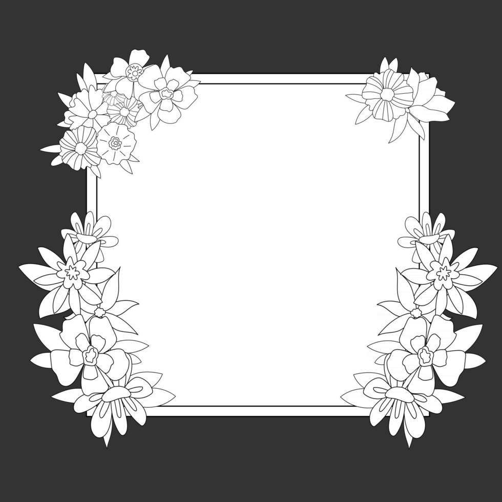 Cute black and white square frame with flowers For a wedding invitation happy birthday Line vector illustration of doodles