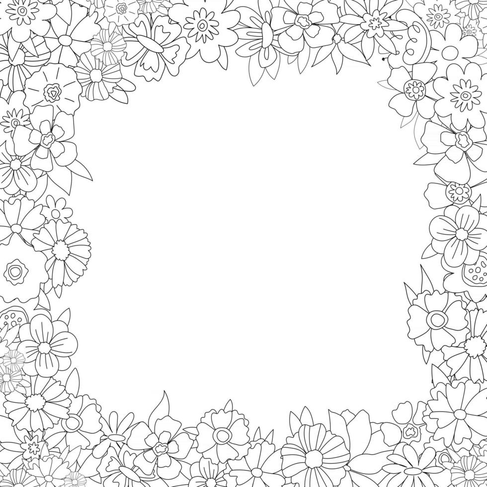 Cute black and white isolated frame with flowers For a wedding invitation happy birthday Line beautiful vector illustration of doodles