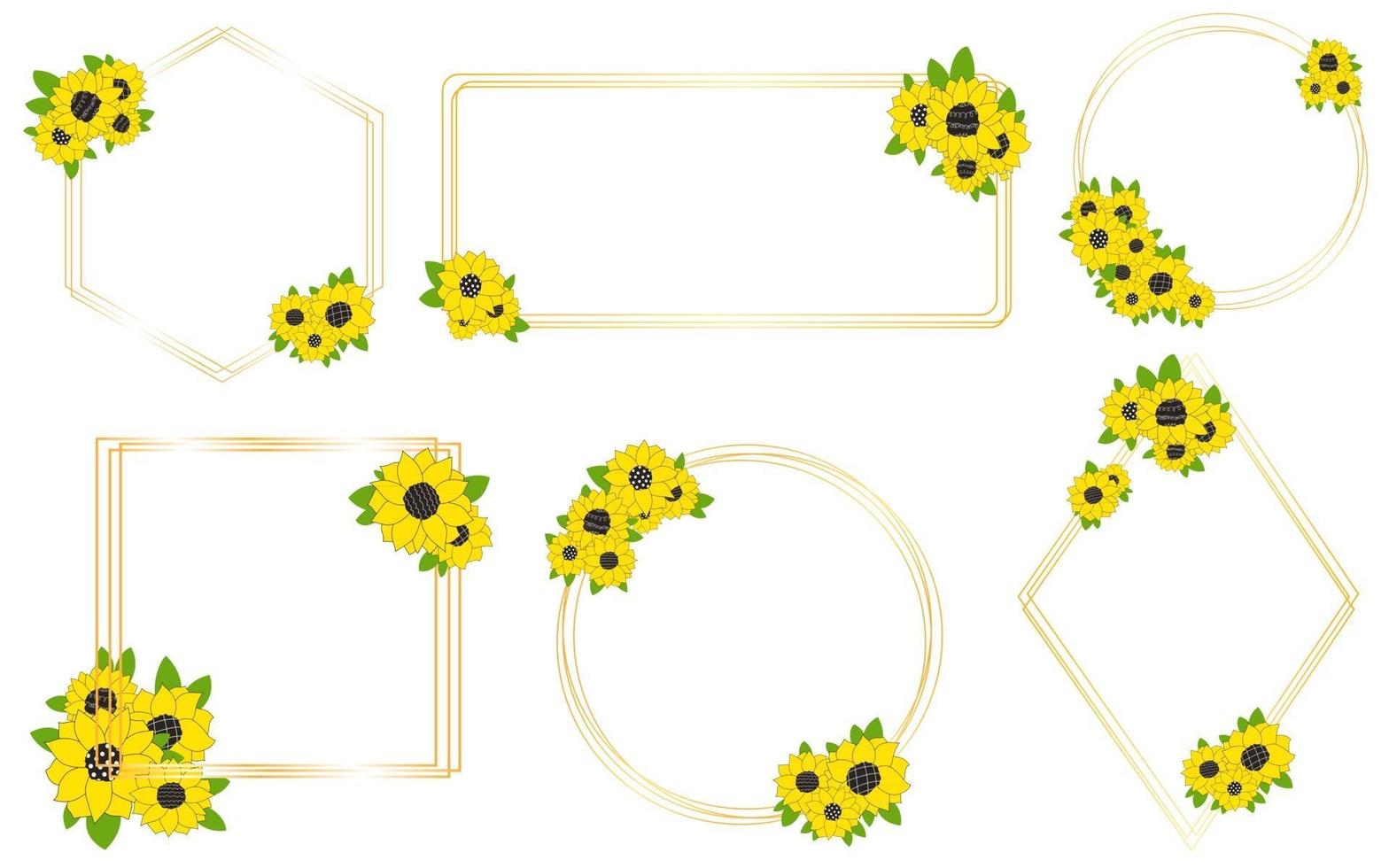 Gold rectangle square circle rhombus frame with sunflowers Flowers for a wedding invitation happy birthday Line vector illustration of doodles collection