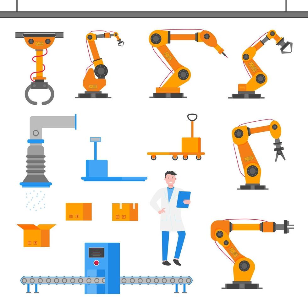 Los elementos de fábrica establecen un diseño de estilo plano con cajas de cartón, ventilación, transportador, brazo robótico, caja con tapa, básculas industriales, caja abierta, carro, línea automatizada, operador aislado en blanco. vector