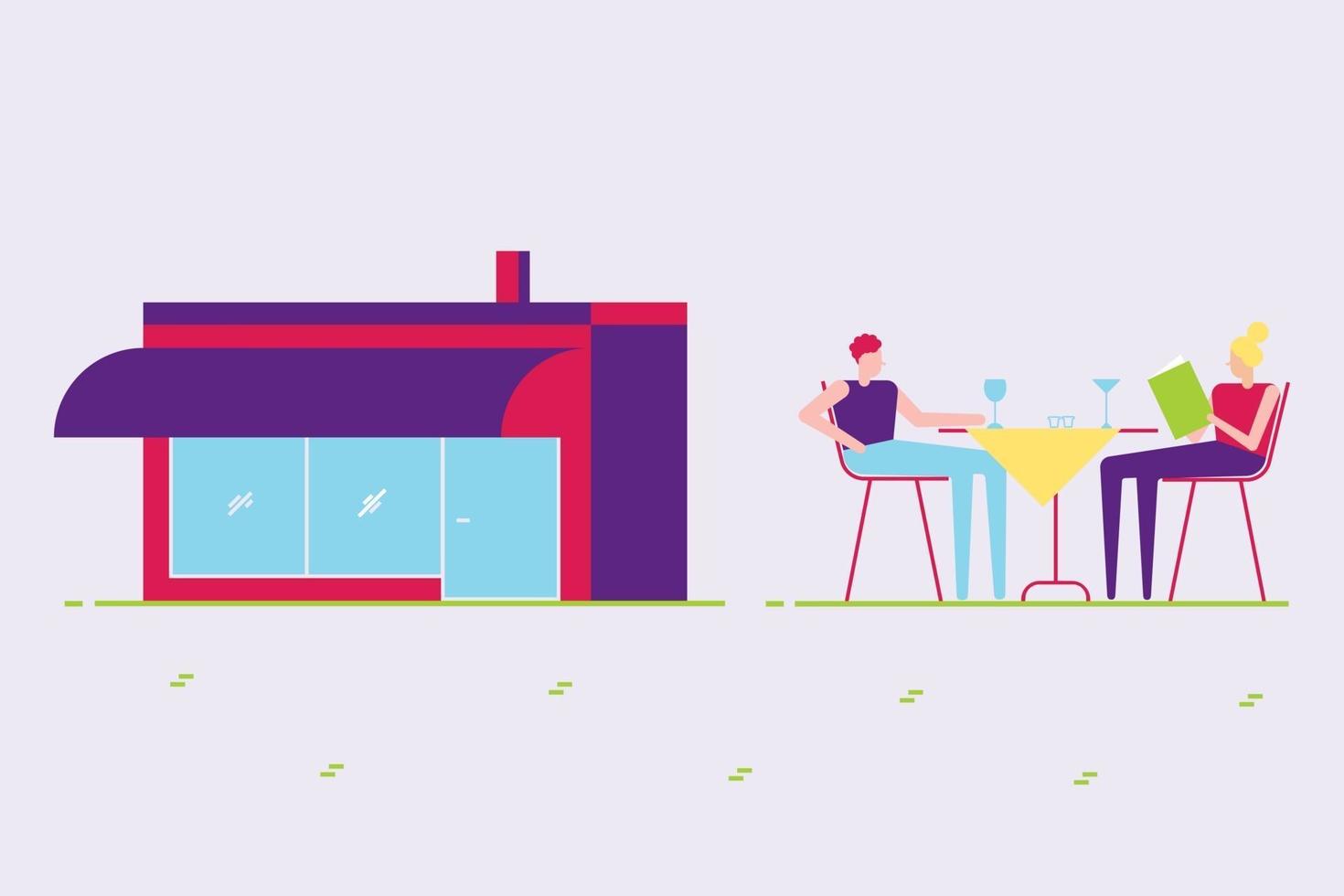 pareja de hombres y mujeres sentados afuera junto al café o el edificio de la cafetería y comiendo, bebiendo, leyendo el menú. Ilustración de vector de diseño de estilo plano mínimo abstracto, concepto de ocio de verano