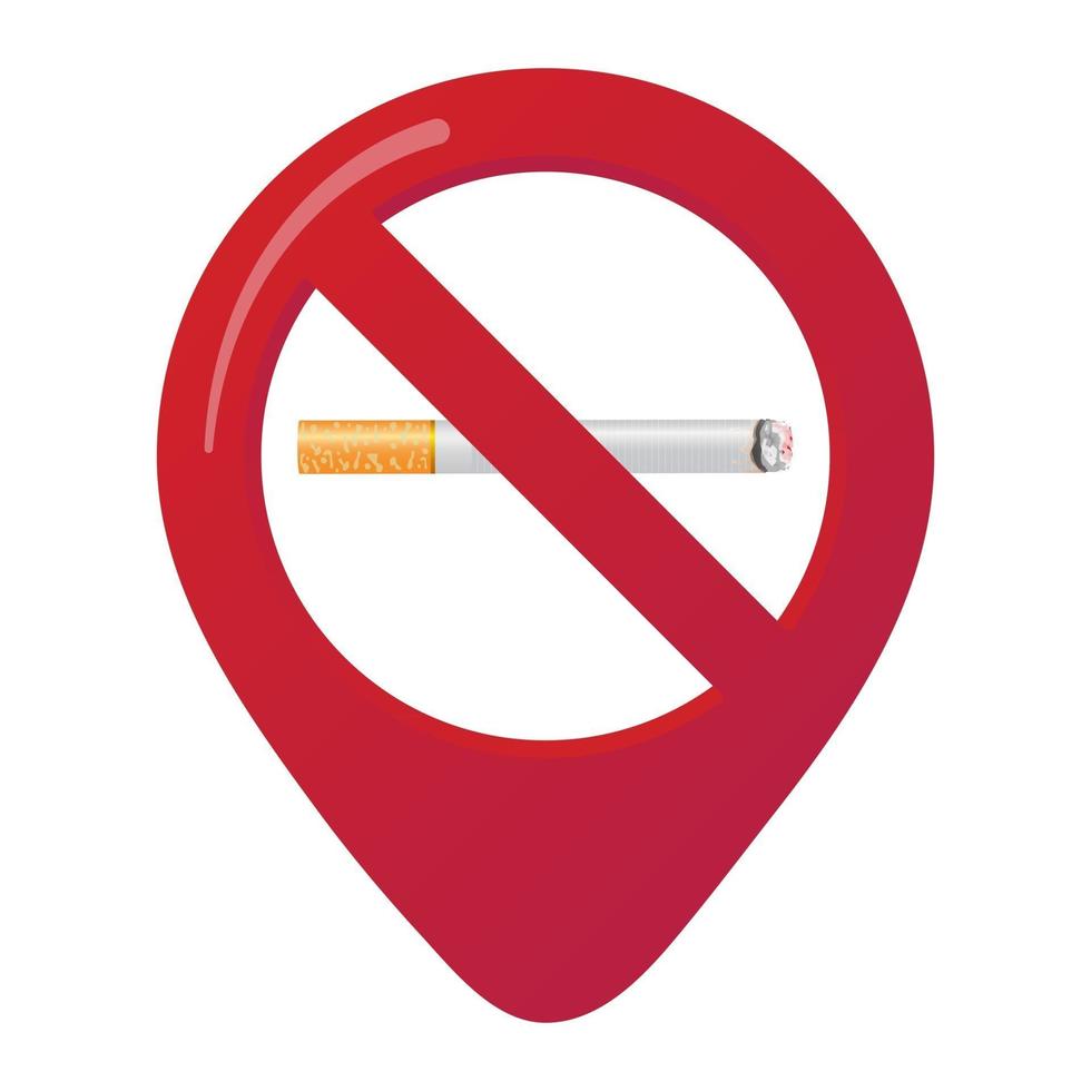 No smoking area marker map pin icon sign with flat design gradient styled cigarette in the prohibited forbidden red circle. Symbol of the no smoking area in the map apps isolated on white background vector