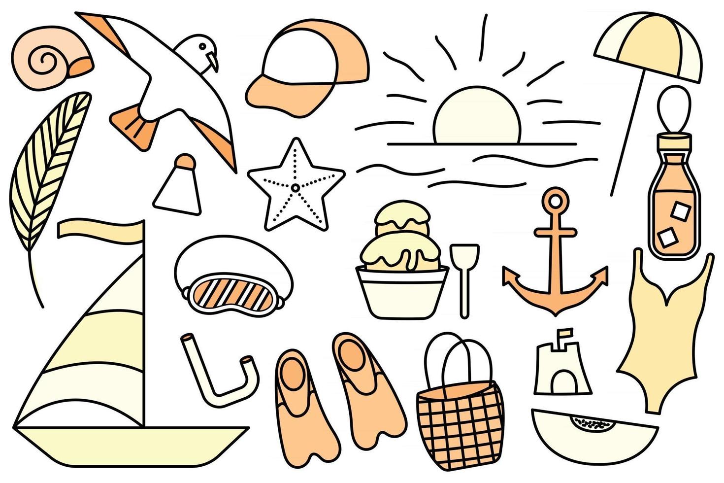Summer vacation at the sea. Beach stuff. Collection of things for the vacation. Vector line icon. Editable stroke. Doodle style.