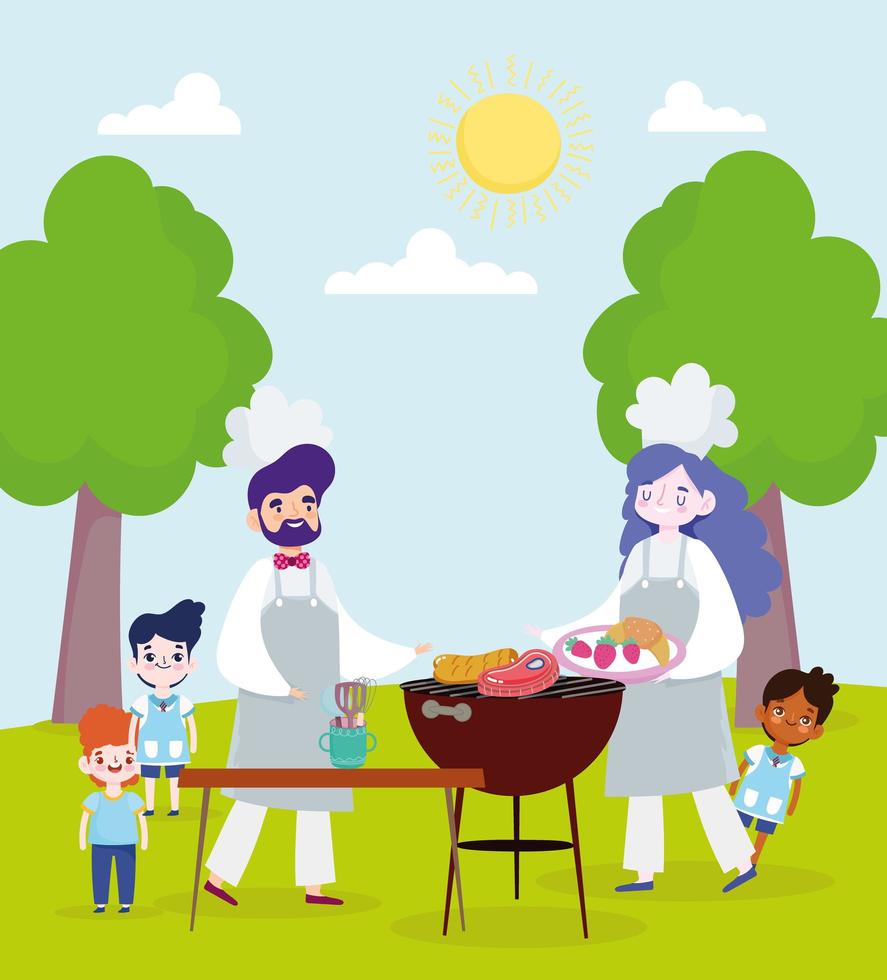 people cooking outdoors vector