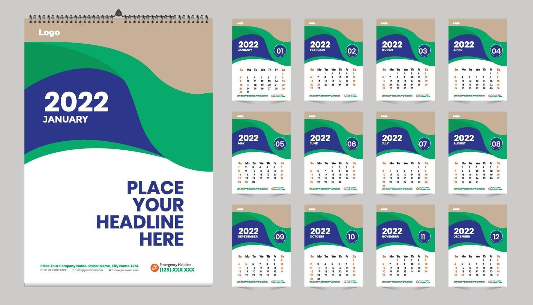 Free Wall Calendar 2022 Template Design Idea, Calendar 2022 vector
