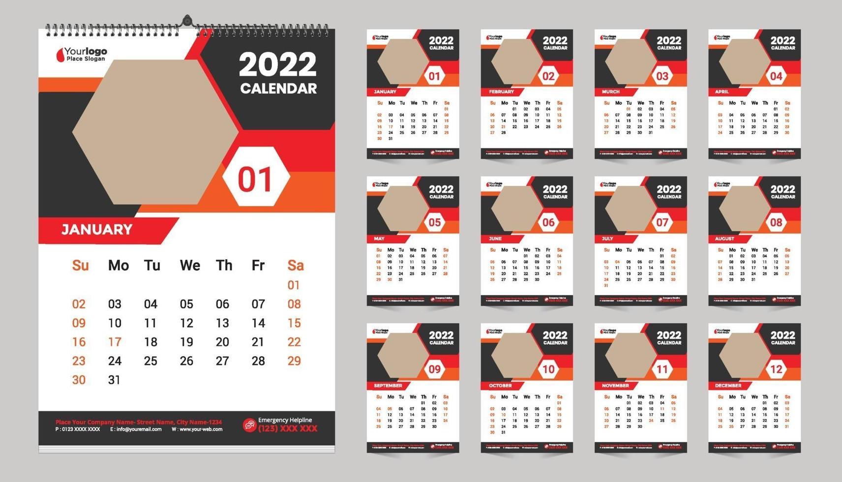 idea de diseño de plantilla de calendario de pared gratis 2022 vector