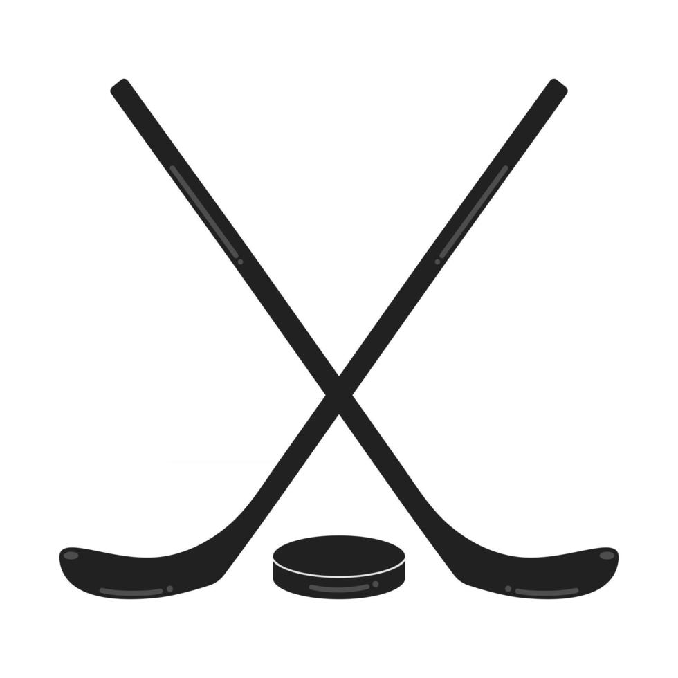 Two black hockey sticks and the puck flat style design composition vector illustration icons signs isolated on white background. Symbols of the sport game ice hockey.