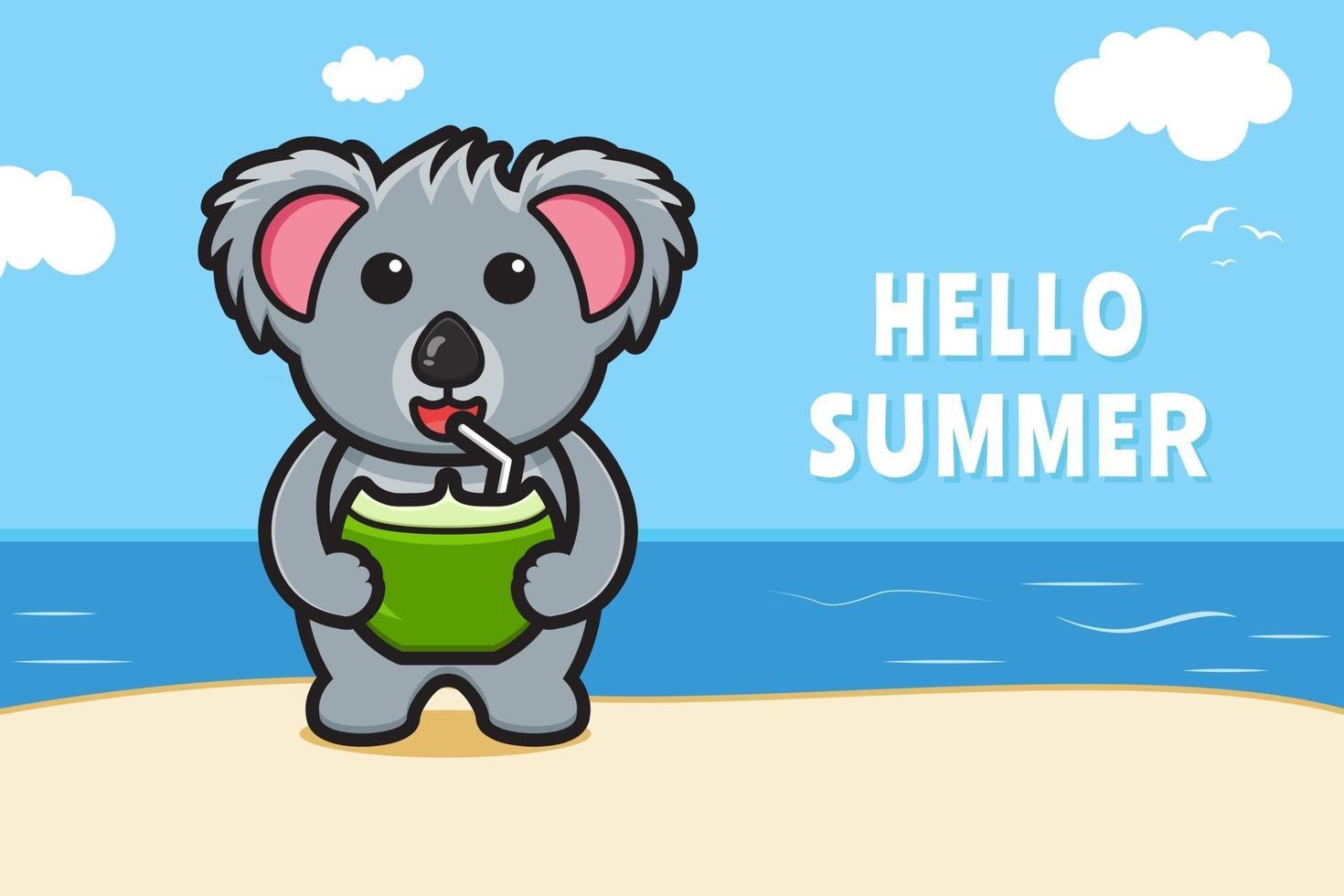 lindo koala bebida de coco con una ilustración de icono de vector de dibujos animados de banner de saludo de verano