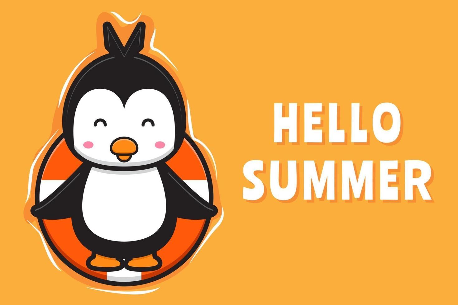 Cute penguin floating relaxes with a summer greeting banner cartoon vector icon illustration