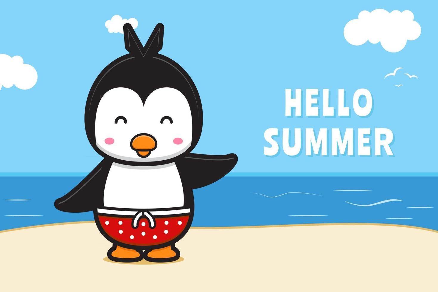 Cute penguin waving hand with a summer greeting banner cartoon vector icon illustration