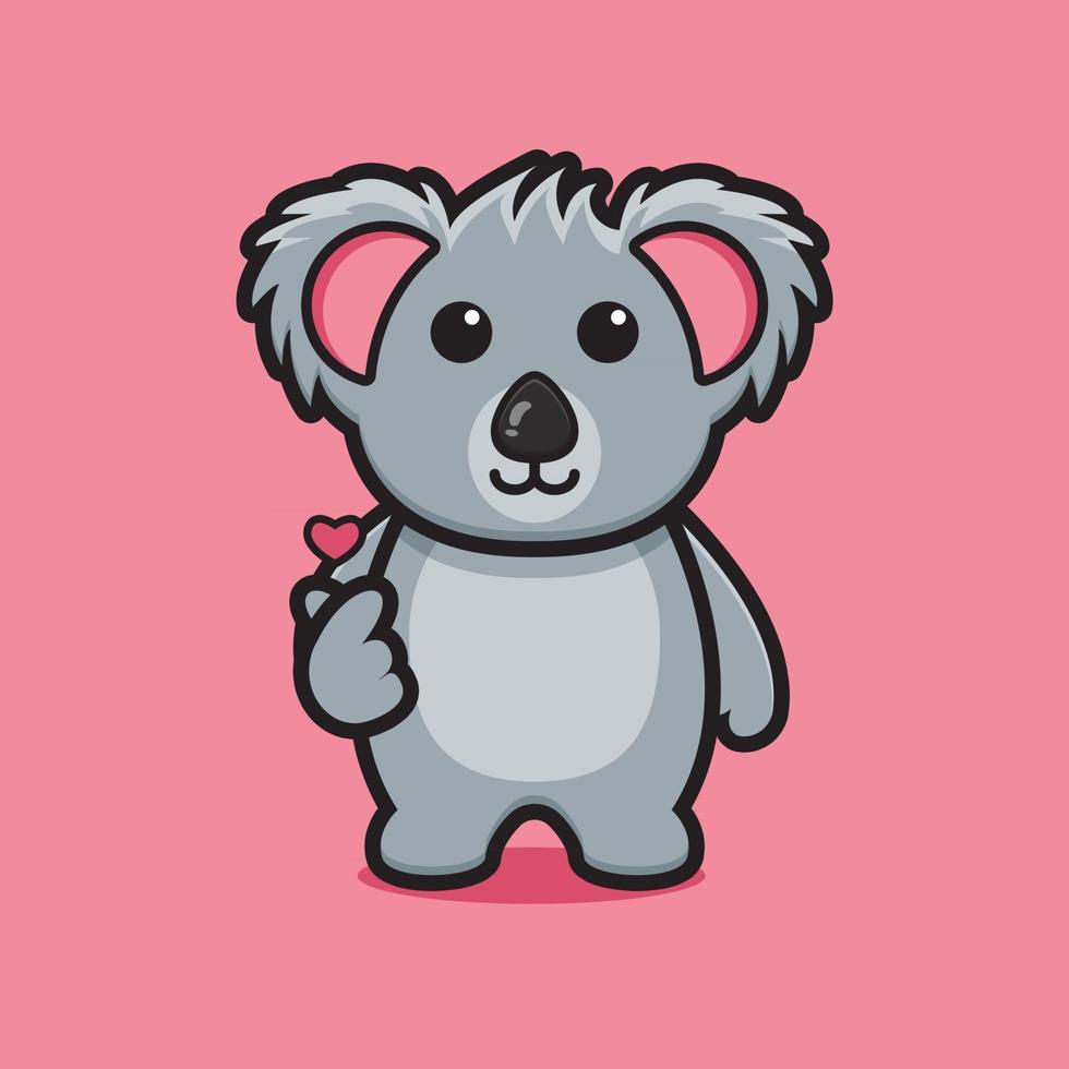Lindo personaje de mascota koala con ilustración de icono de vector de dibujos animados de pose de amor de dedo