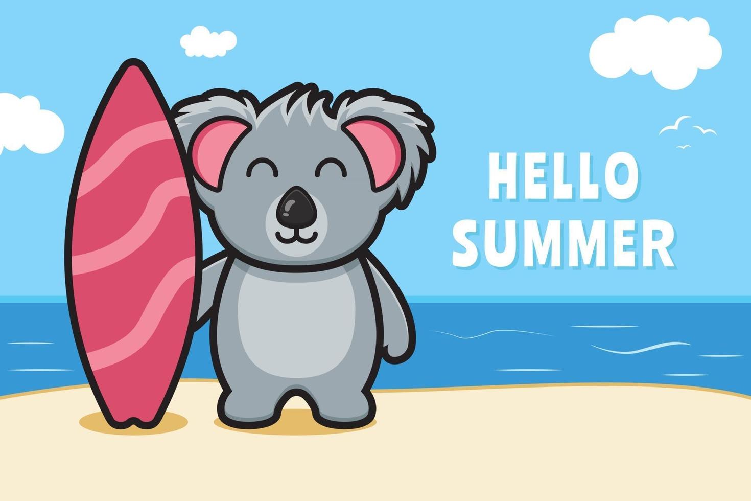 Cute koala holding swimming board with a summer greeting banner cartoon vector icon illustration