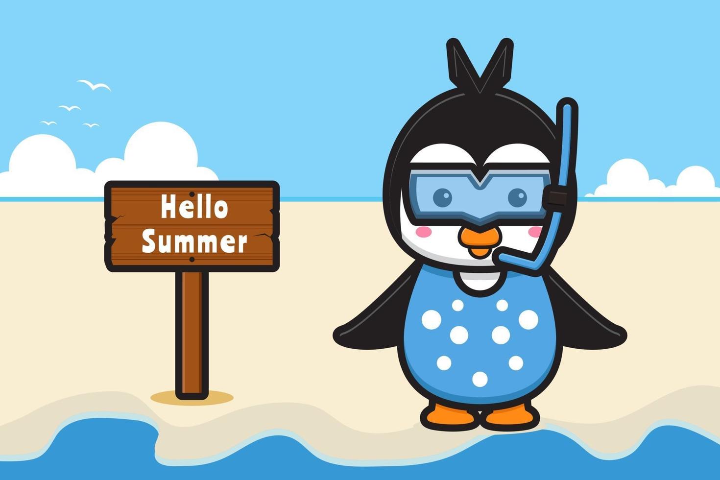 Cute penguin wearing goggles with a summer greeting banner cartoon vector icon illustration