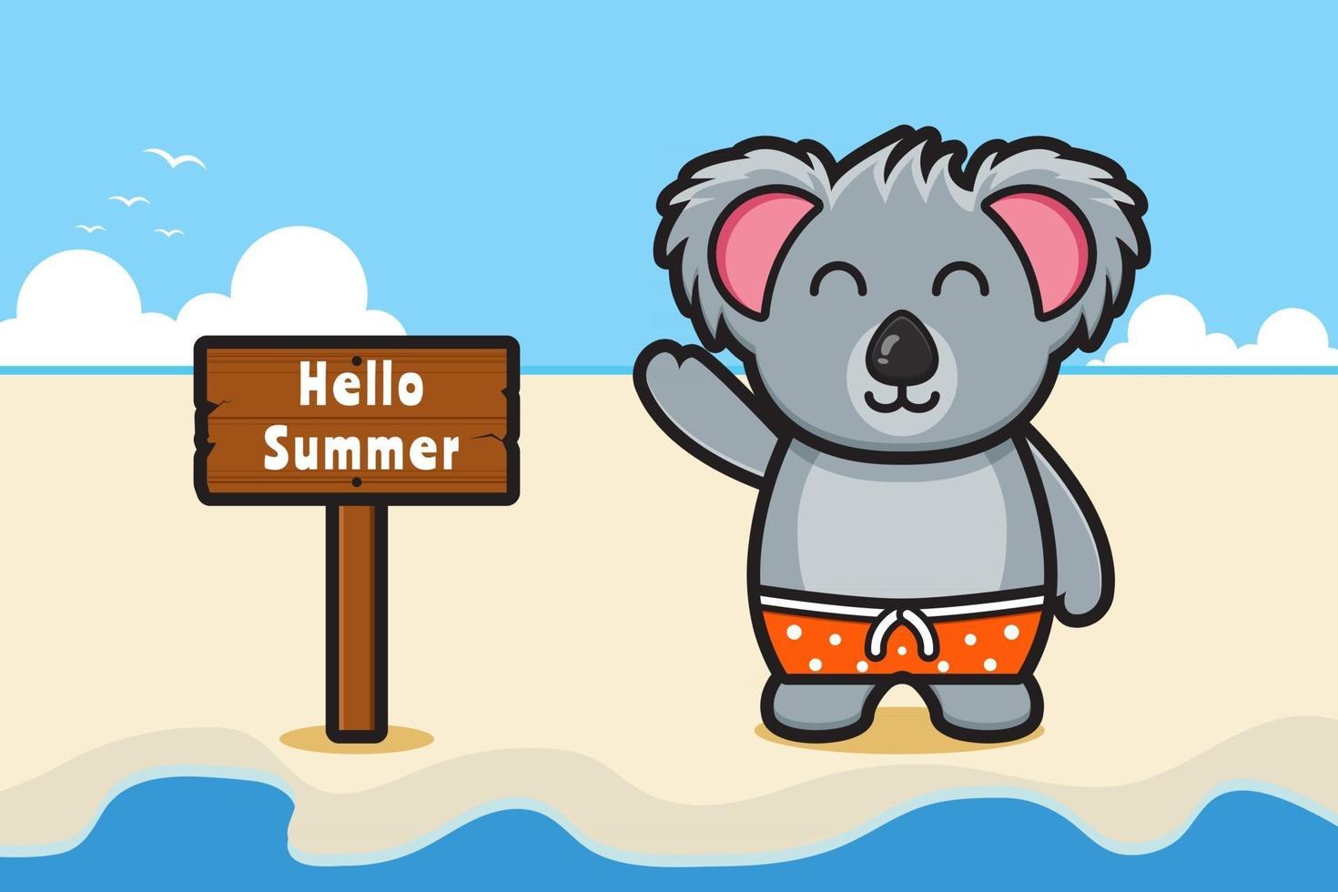 Cute koala waving hand with a summer greeting banner cartoon vector icon illustration