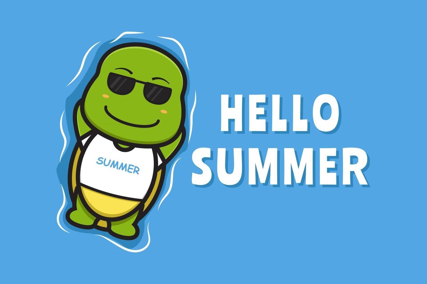 Cute turtle floating relaxes with a summer greeting banner cartoon vector icon illustration