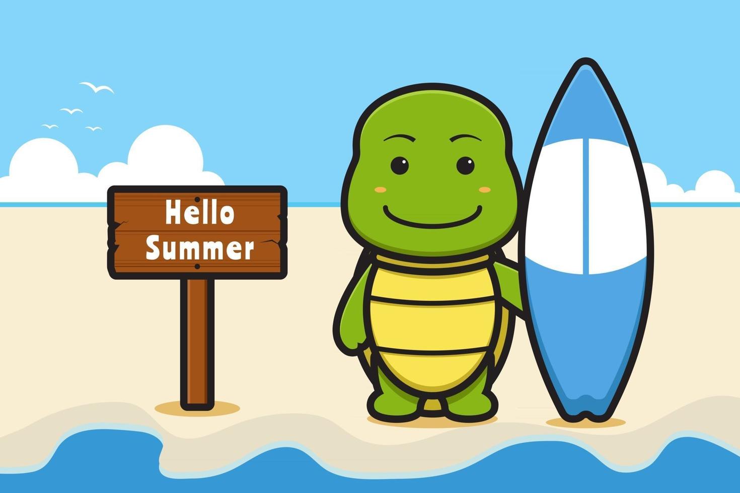 Cute turtle holding swimming board with a summer greeting banner cartoon vector icon illustration