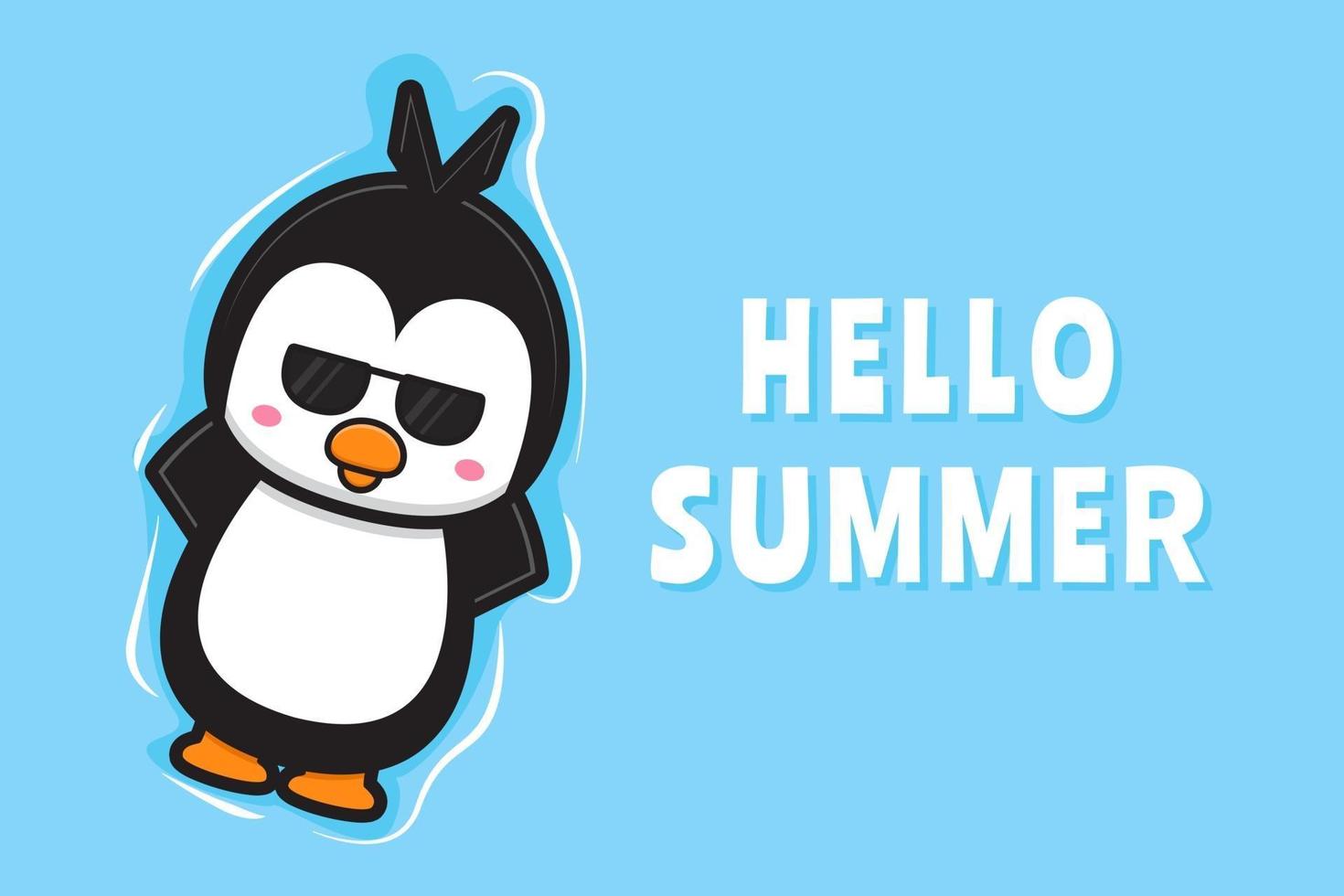 lindo pingüino flotante se relaja con una ilustración de icono de vector de dibujos animados de banner de saludo de verano